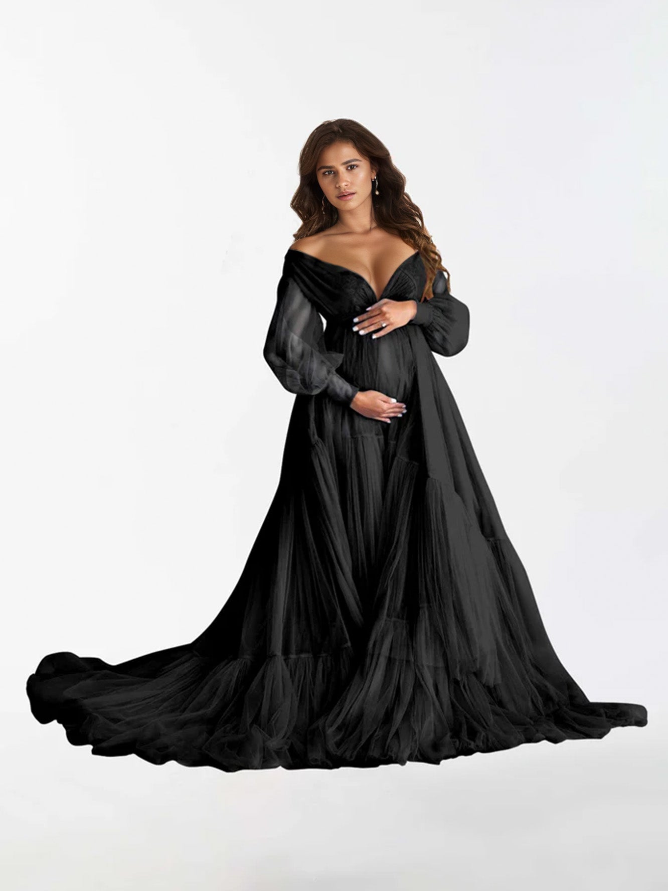 V Neck Ruffles Long Sleeve Maternity Dress for Photography RB3