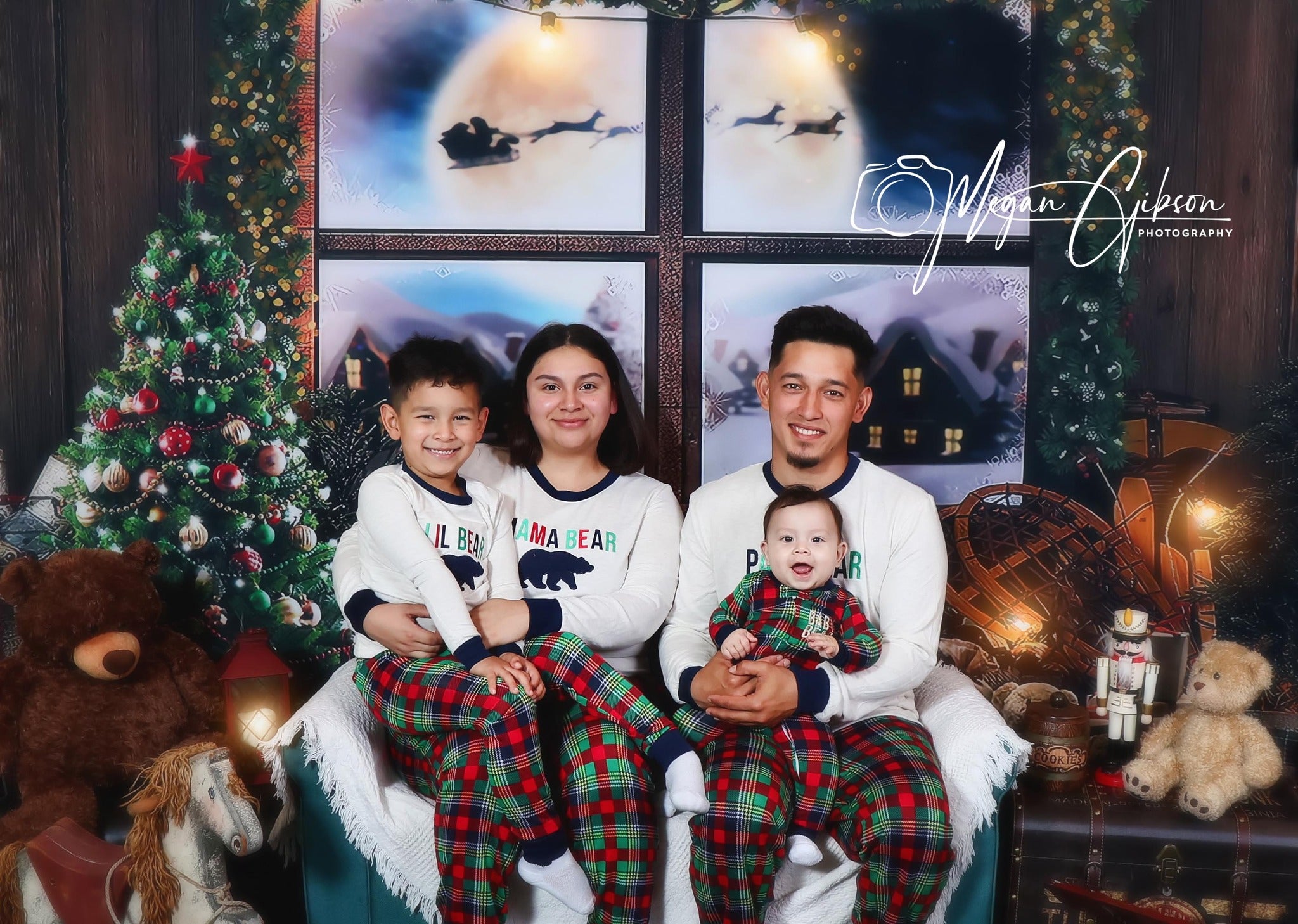 Christmas Tree Backdrop Decorated With Gifts Wooden House G-1439