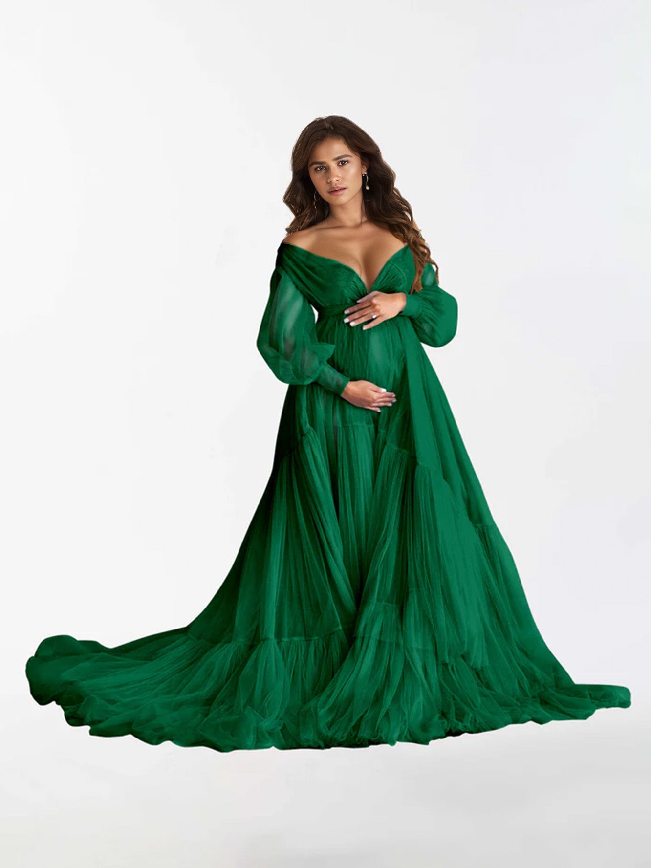 V Neck Ruffles Long Sleeve Maternity Dress for Photography RB3