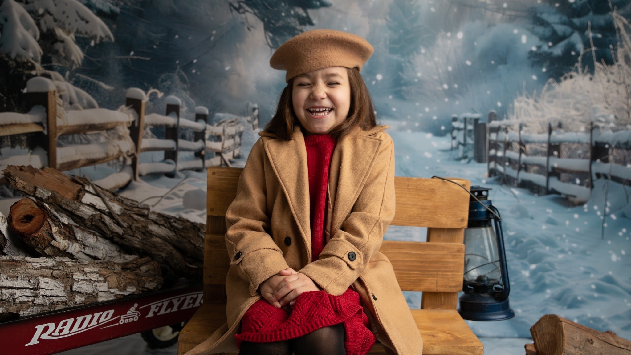 Winter Snowy Fence Trail Backdrop+Tracks Floor Backdrop BRP10-456