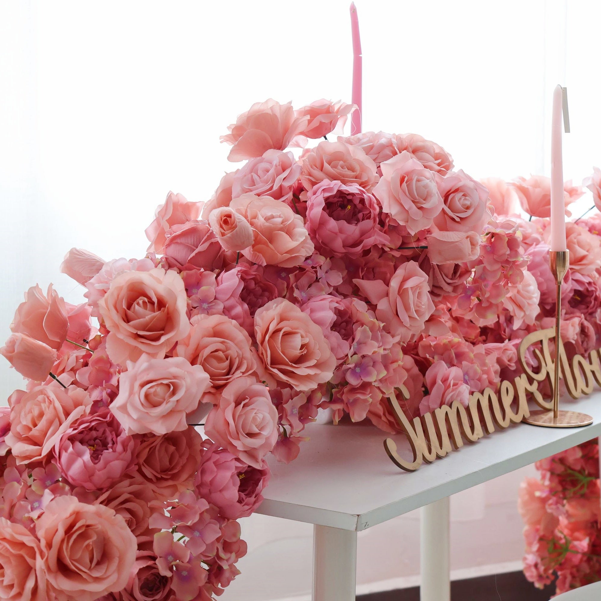 Pink Artificial Rose Flower Runner Wedding Table Decor AAFR-001