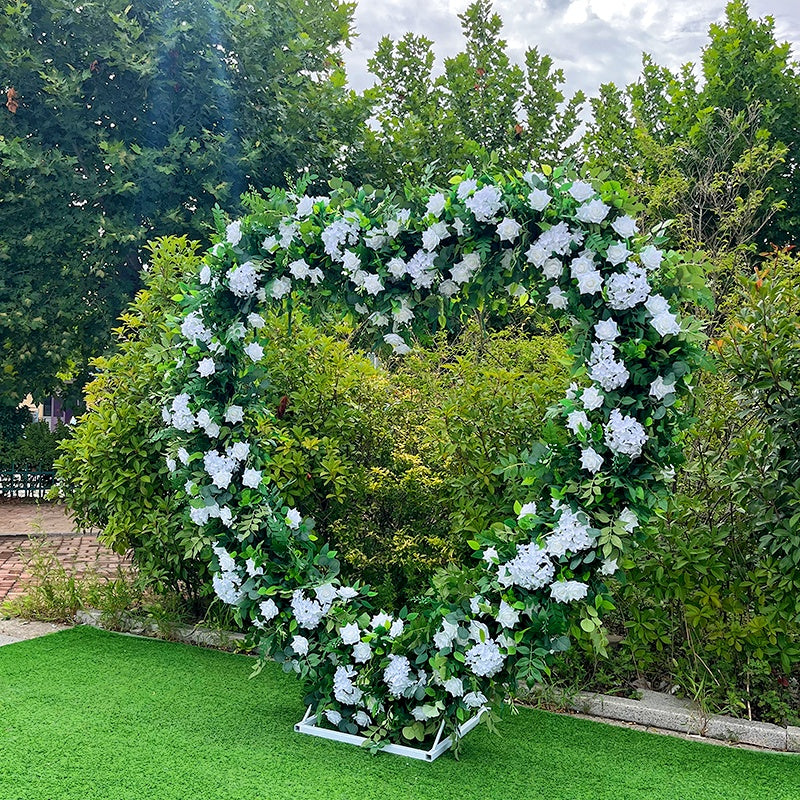 Green Leaves and White Fabric Rose Heart Shaped Arch Wedding Flower Wall ABAW-003