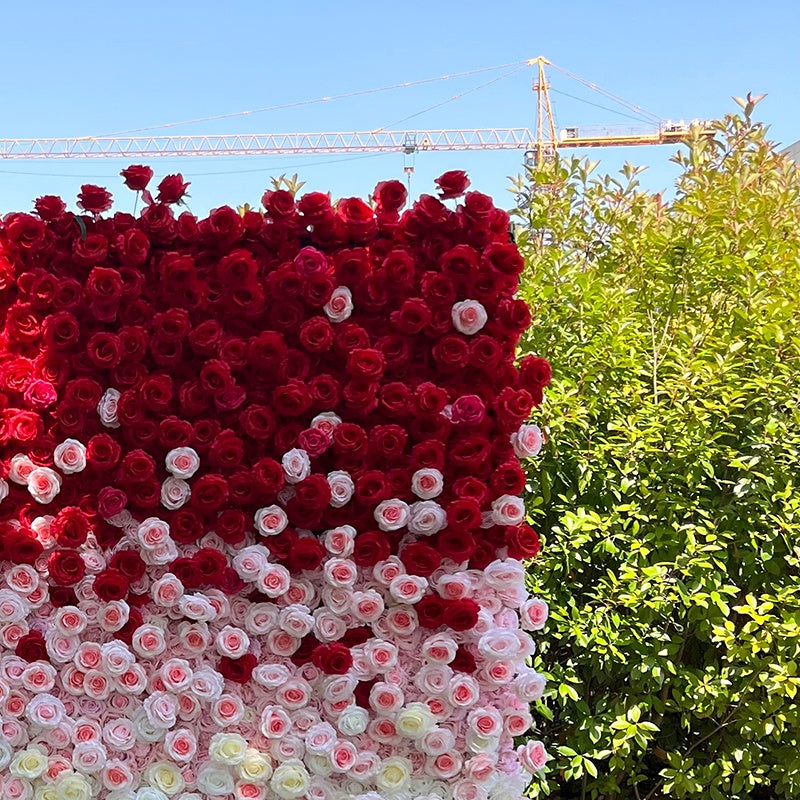 Side view of the red and white gradient flower wall