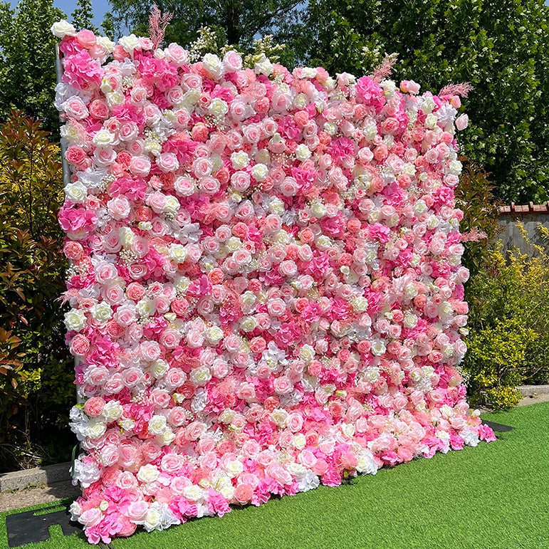 Floral wall with pink and white flowers in an outdoor setting