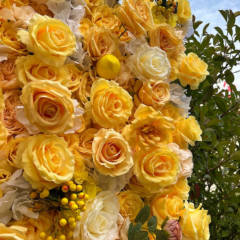 Golden Yellow Floral Wall Backdrop For Luxury Wedding Decor ABFW-098