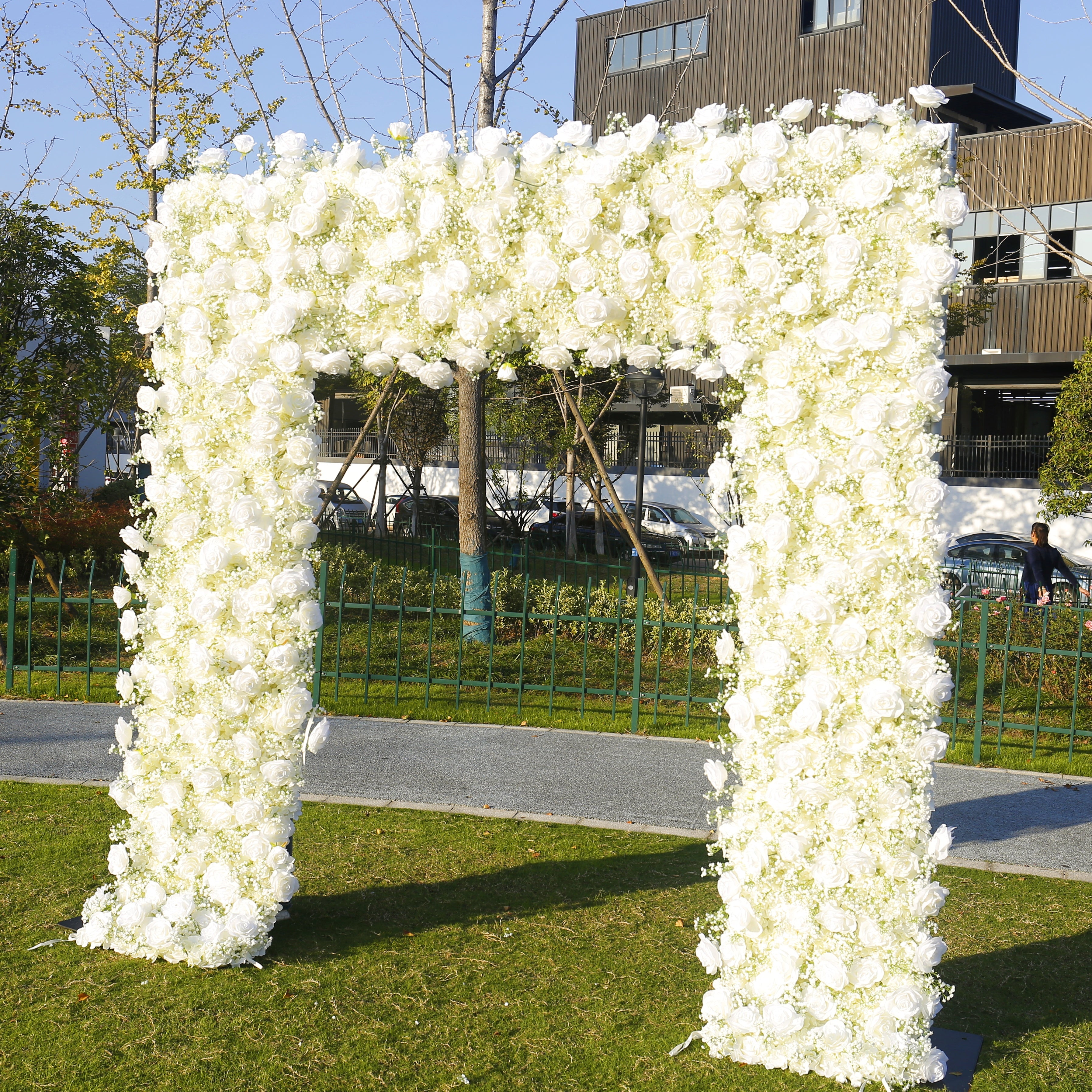 White Rose with Baby's Breath Wedding Arch Flower Wall Party Decor ACAW-011
