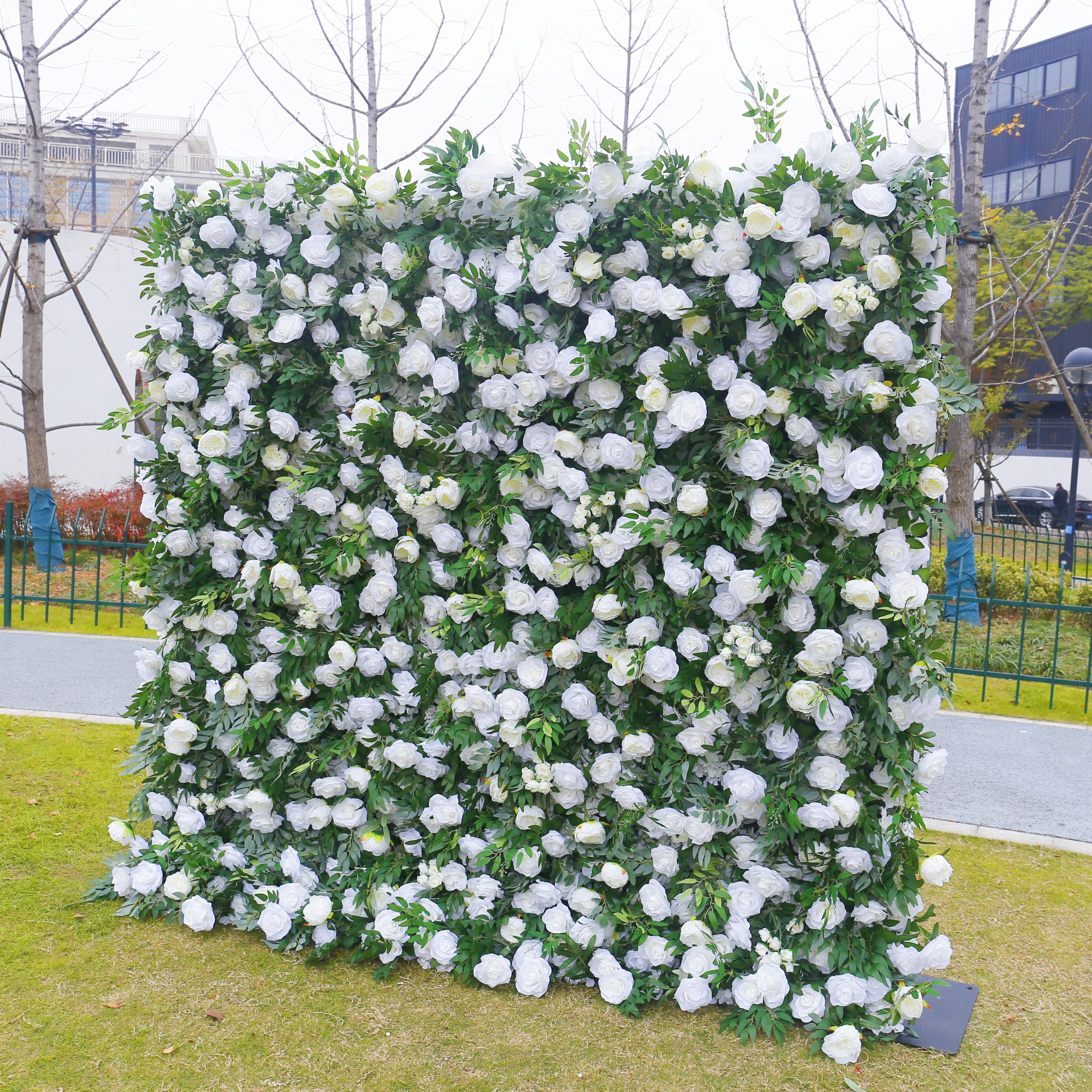 White Rose Green Leaves Fabric Roll Up Flower Wall ACFW-156