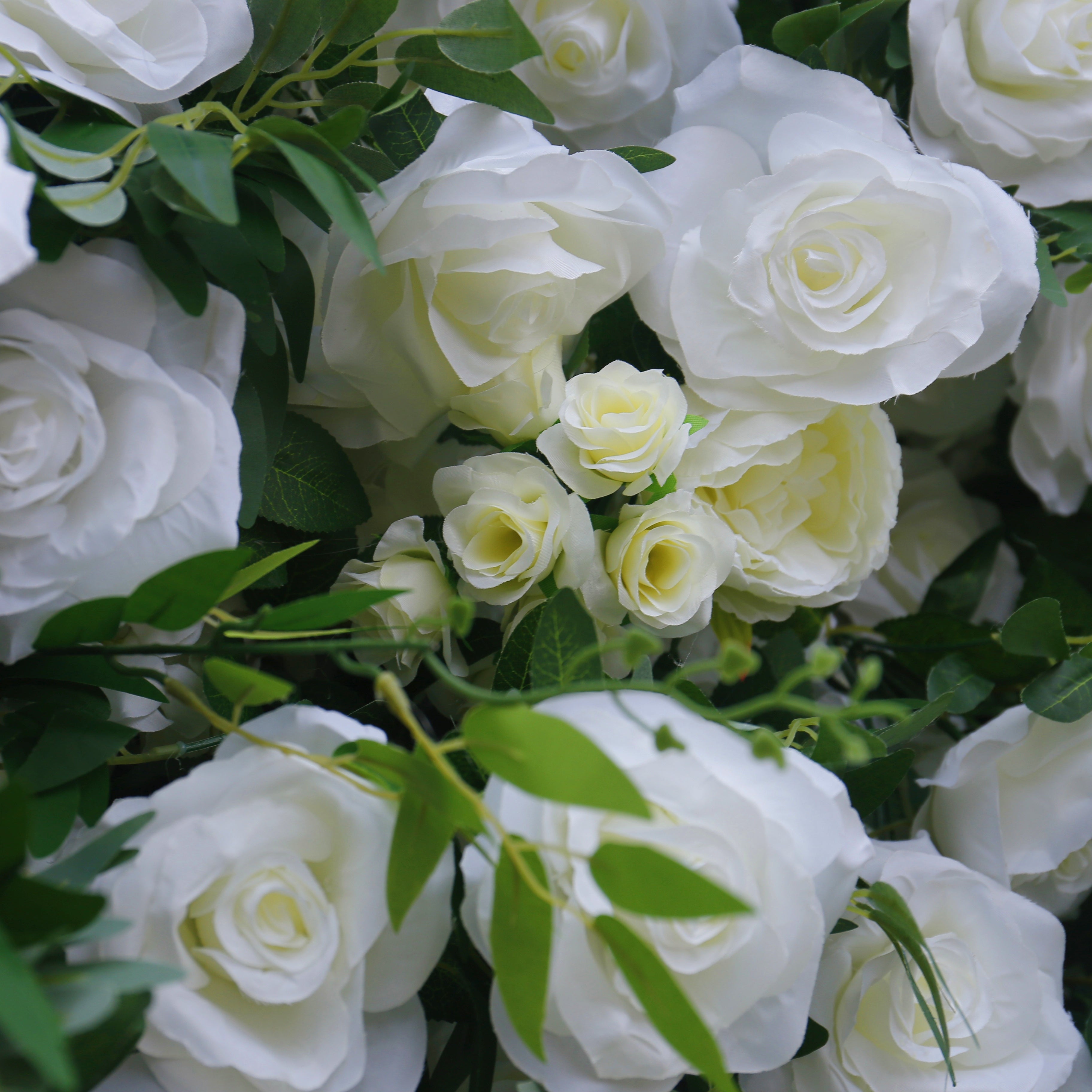 White Rose Green Leaves Fabric Roll Up Flower Wall ACFW-156