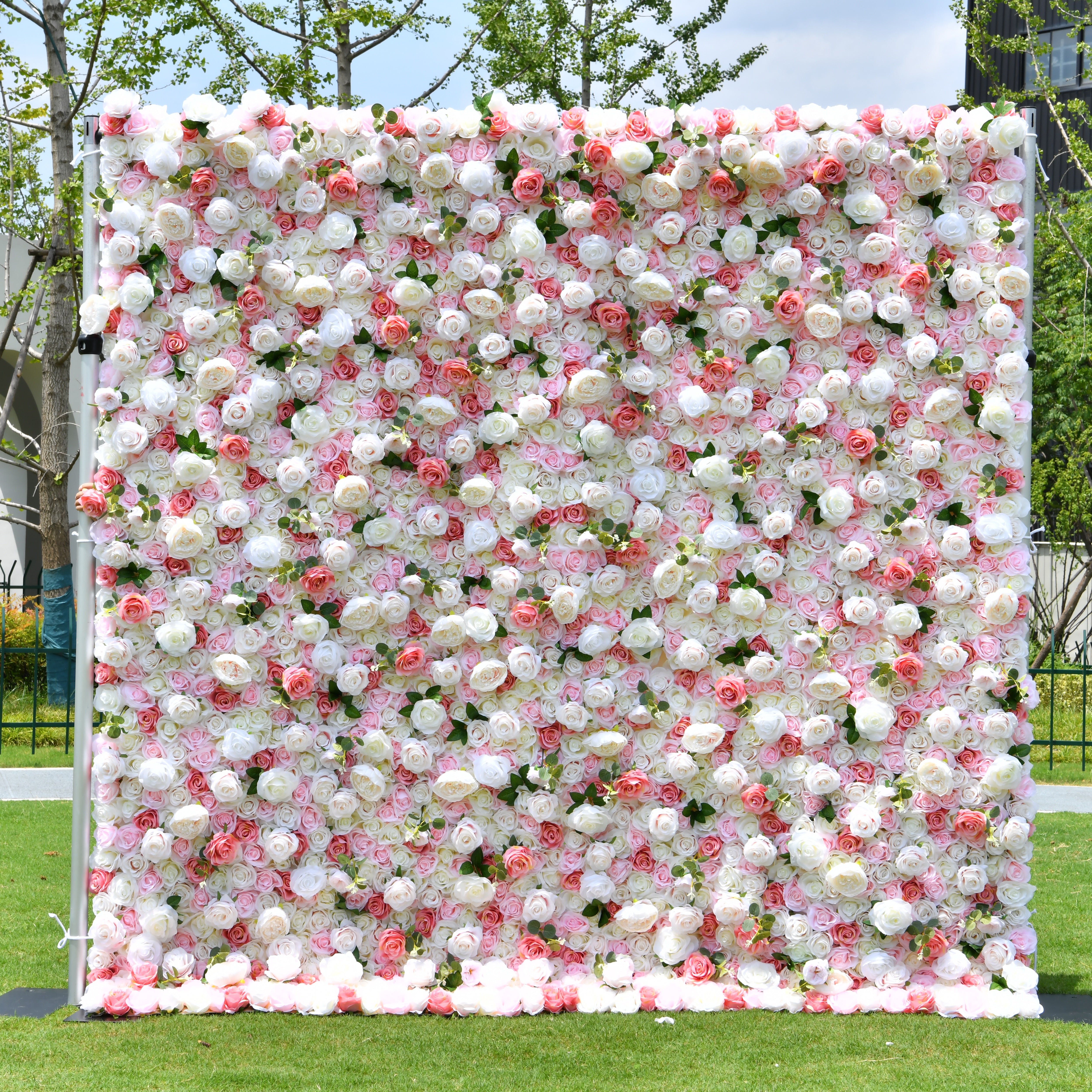 5D Pink White Artificial Rose Roll Up Flower Wall Events ACFW-005