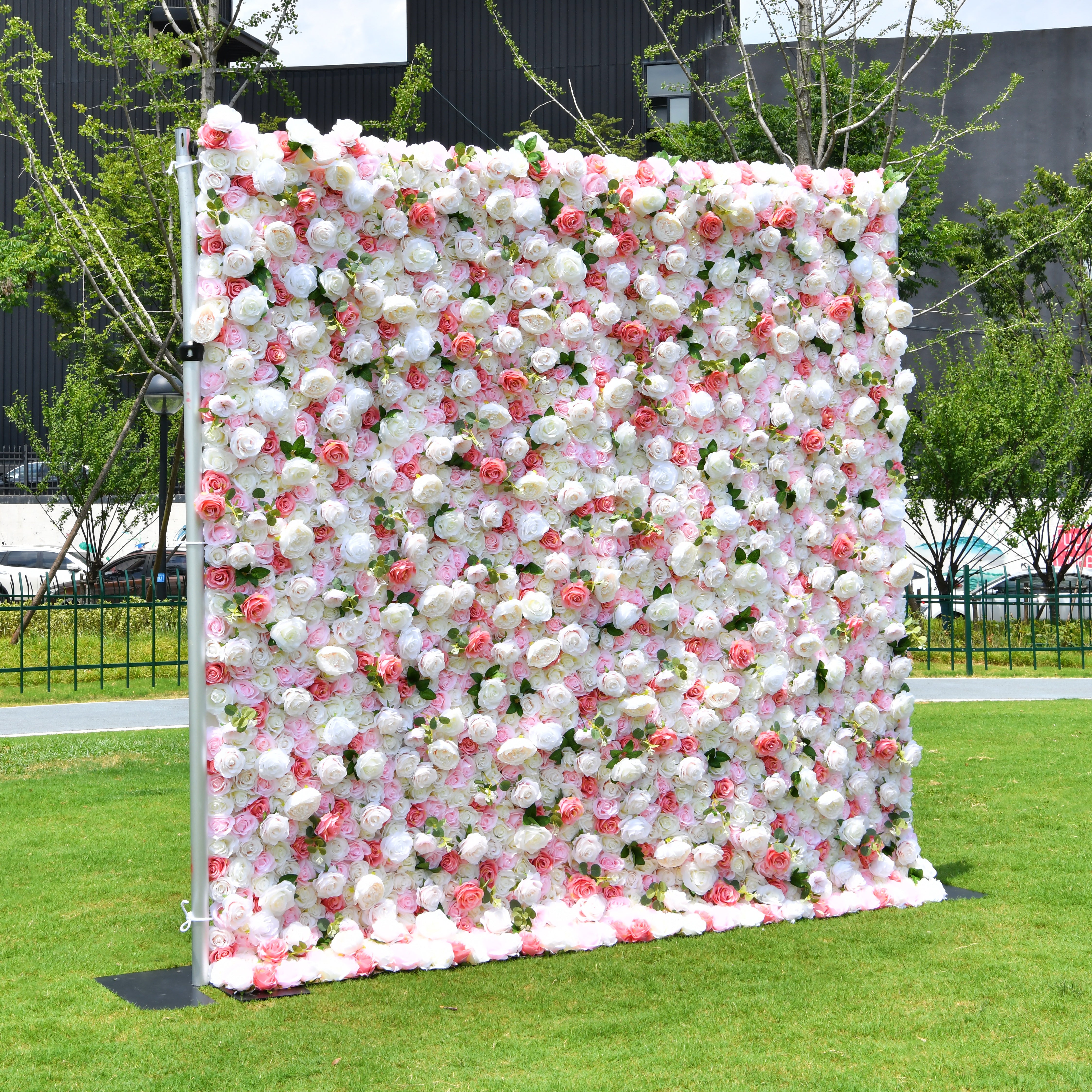 5D Pink White Artificial Rose Roll Up Flower Wall Events ACFW-005