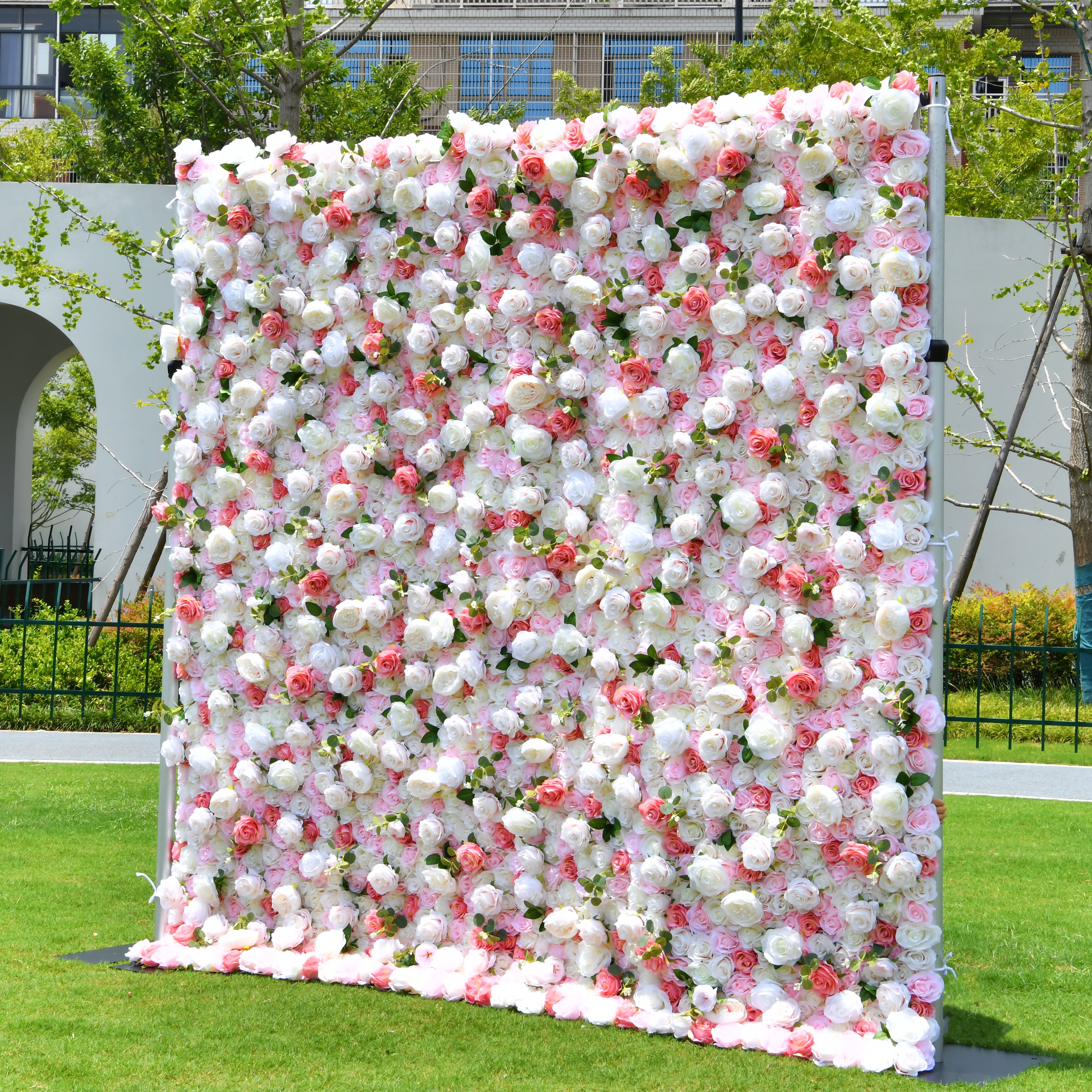 5D Pink White Artificial Rose Roll Up Flower Wall Events ACFW-005