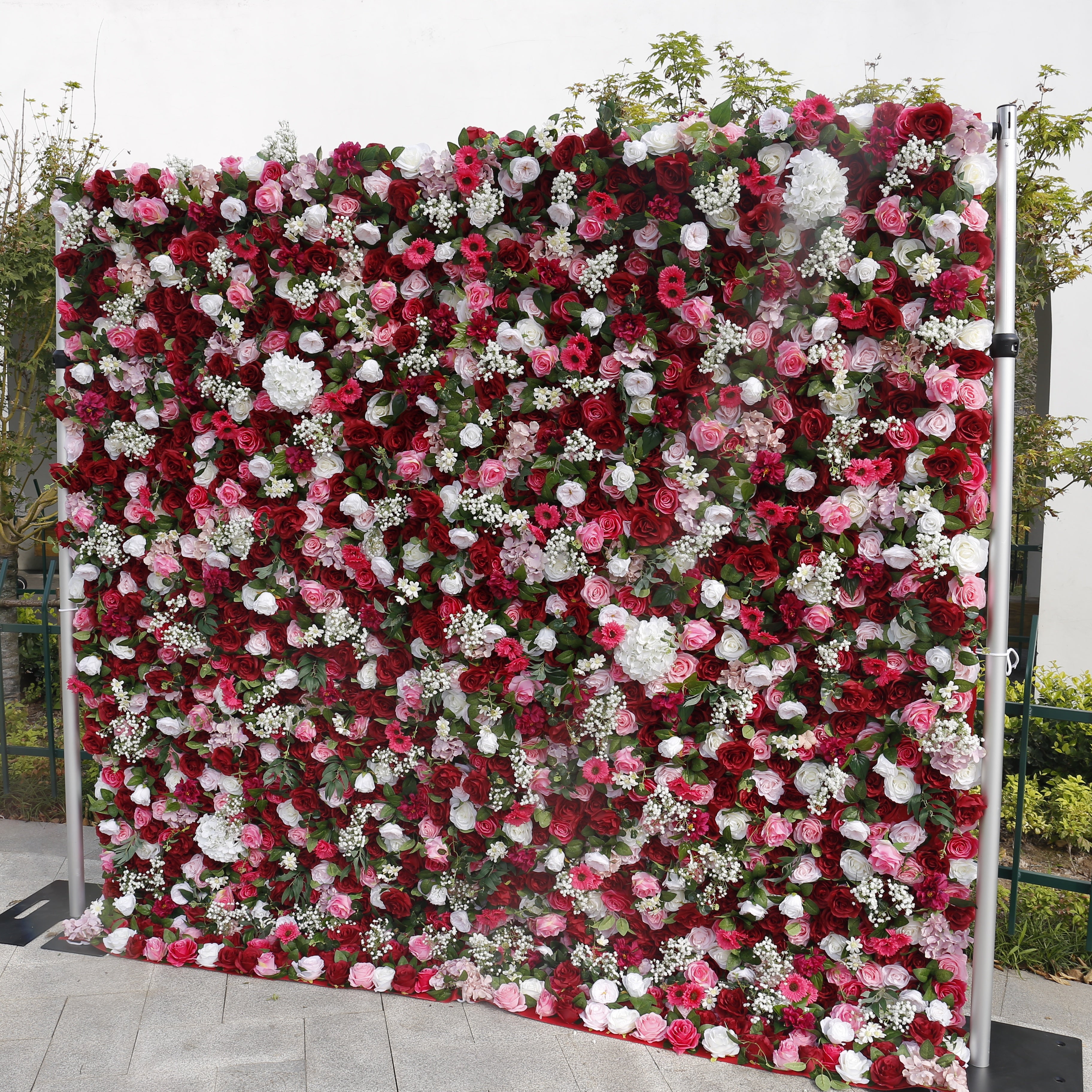 5D Red Pink Silk Rose Baby Breath Roll Up Faux Flower Wall ACFW-059