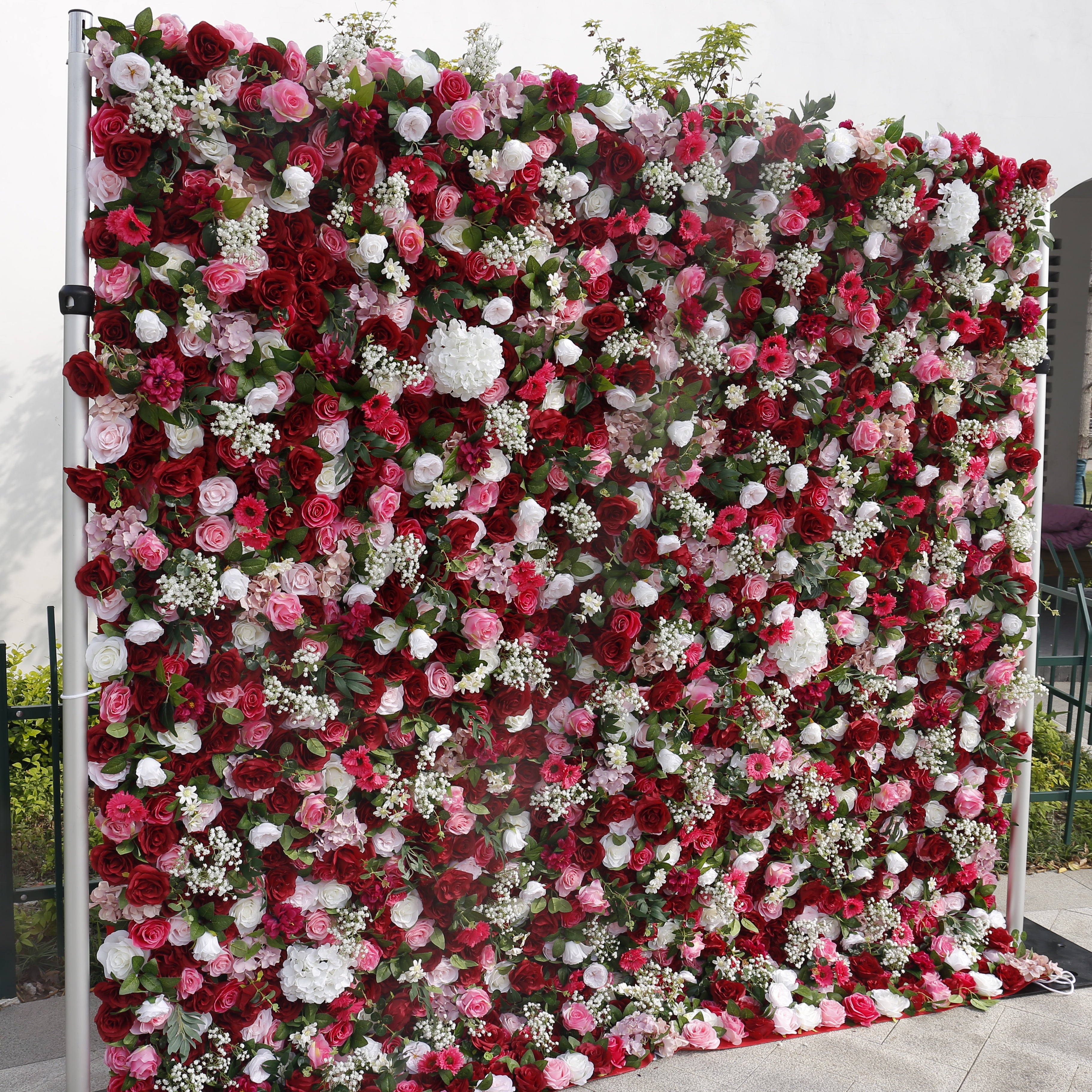 5D Red Pink Silk Rose Baby Breath Roll Up Faux Flower Wall ACFW-059