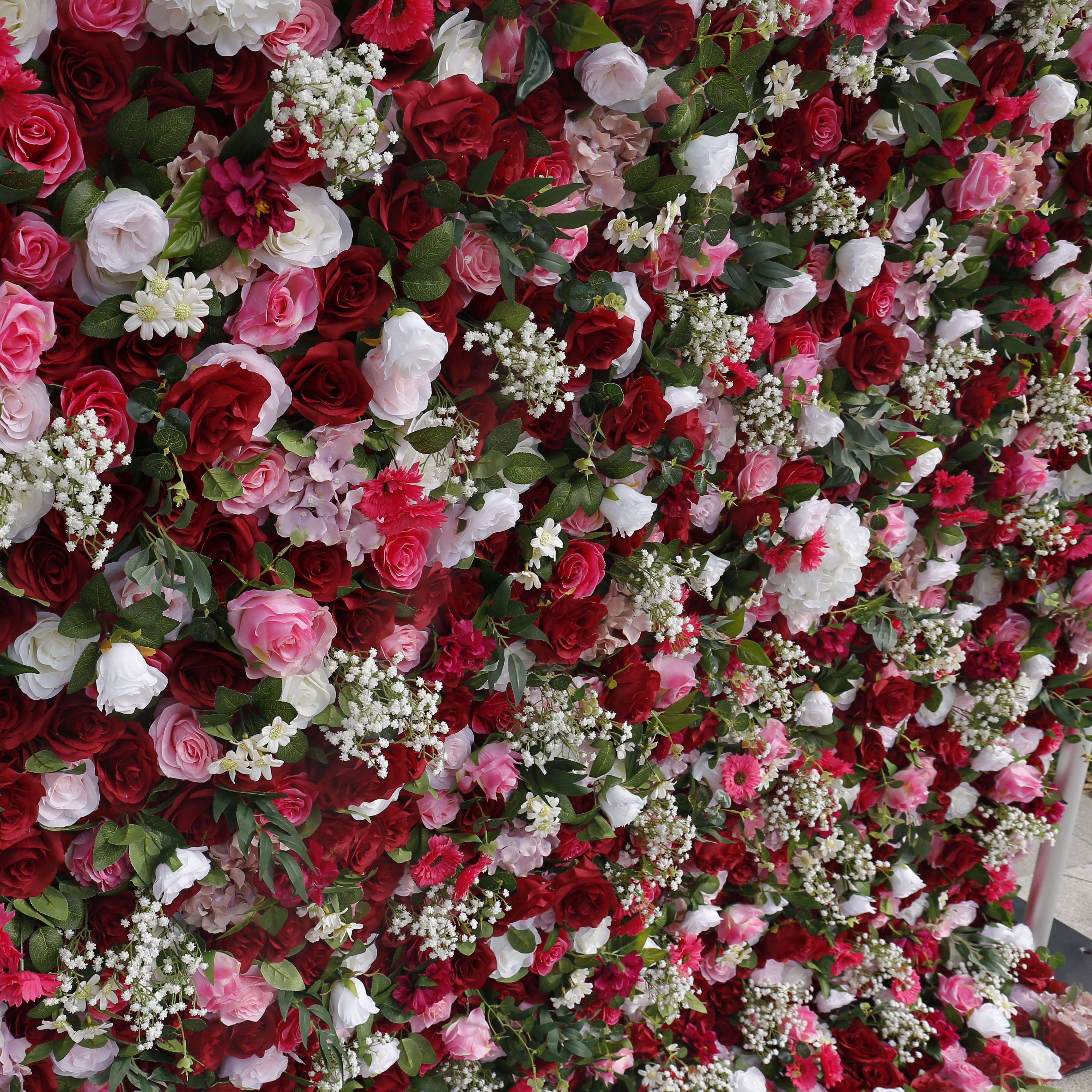 5D Red Pink Silk Rose Baby Breath Roll Up Faux Flower Wall ACFW-059