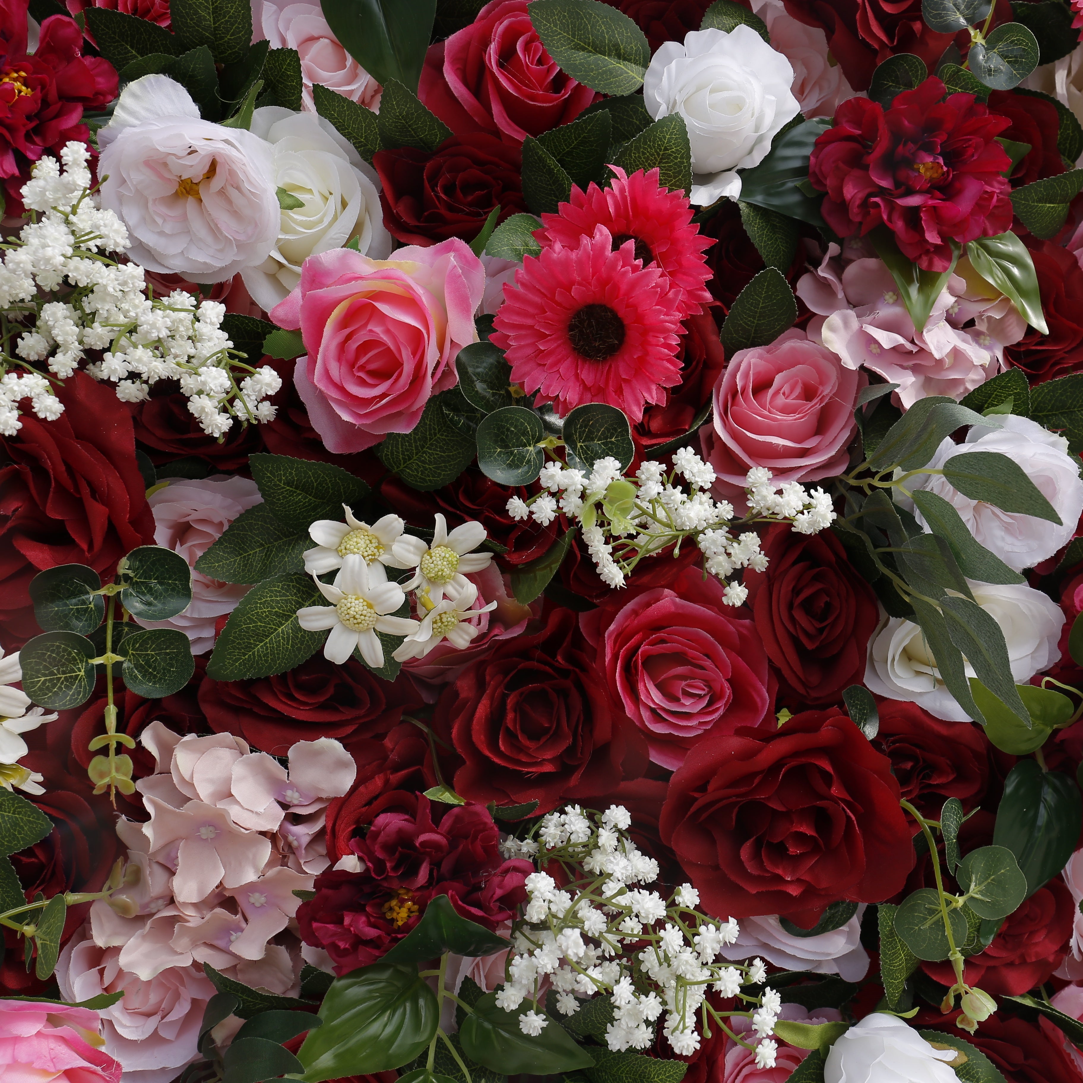 5D Red Pink Silk Rose Baby Breath Roll Up Faux Flower Wall ACFW-059