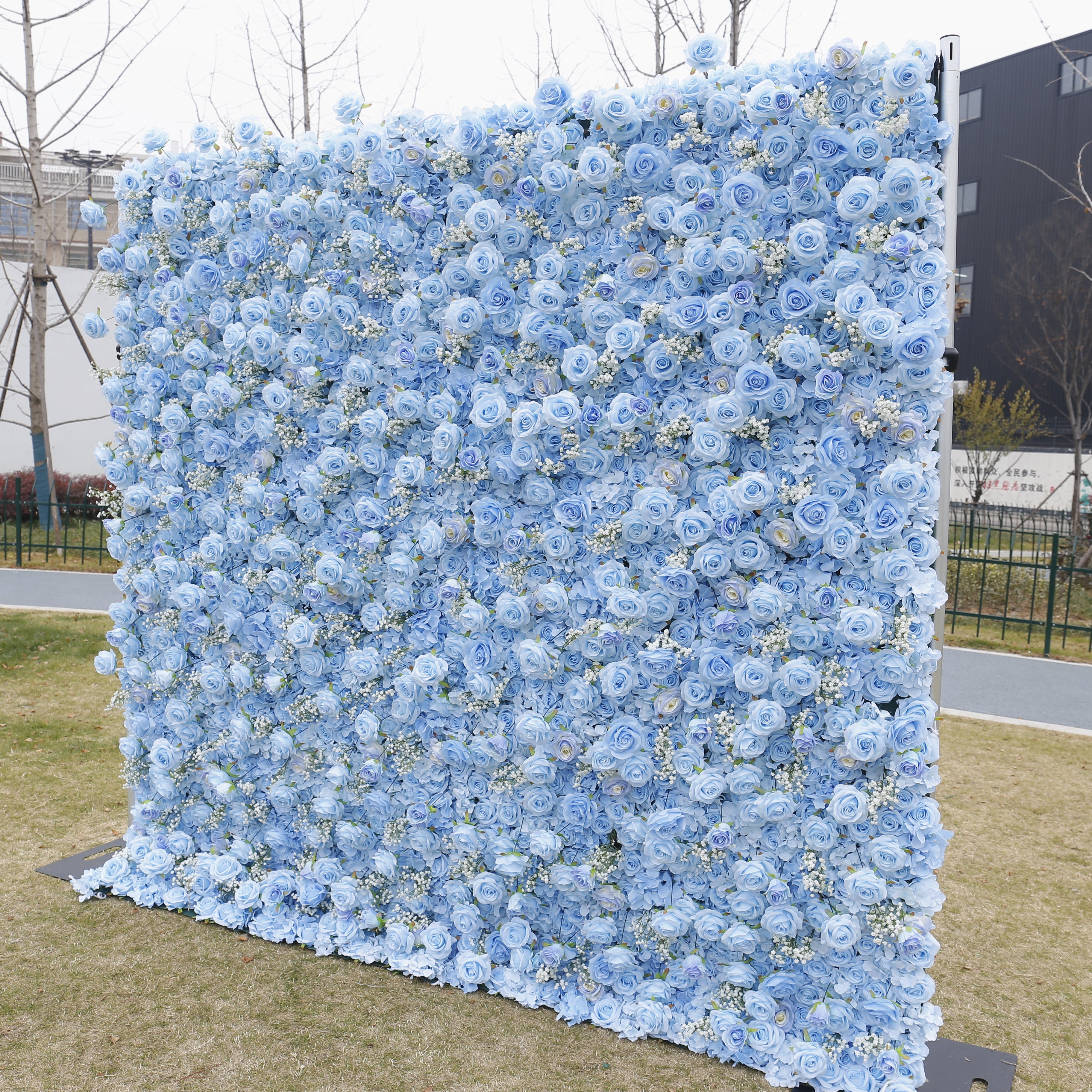 5D Blue Rose Baby Breath Artificial Roll-Up Fabric Flower Wall ACFW-097