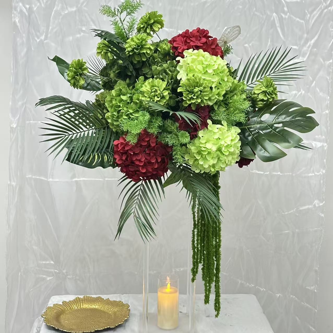 Tropical Green Floral Centerpiece with Red Accents for Wedding Decor ADFC-001