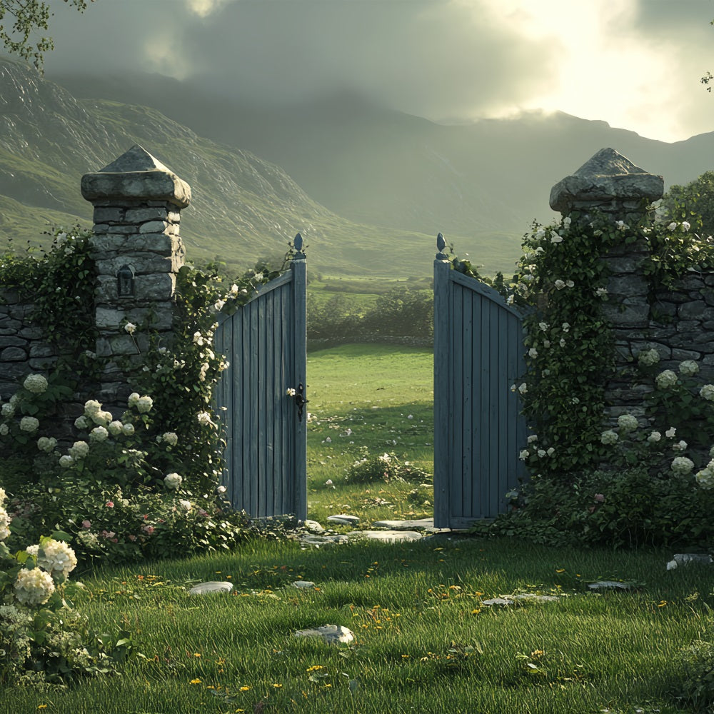 Backdrop Spring Countryside Stone Garden Gate Backdrop BRP1-12