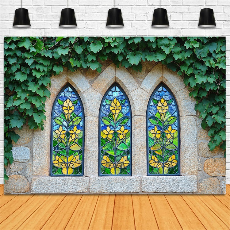 Spring Backdrop Rustic Stone Wall Floral Glass Backdrop BRP1-13