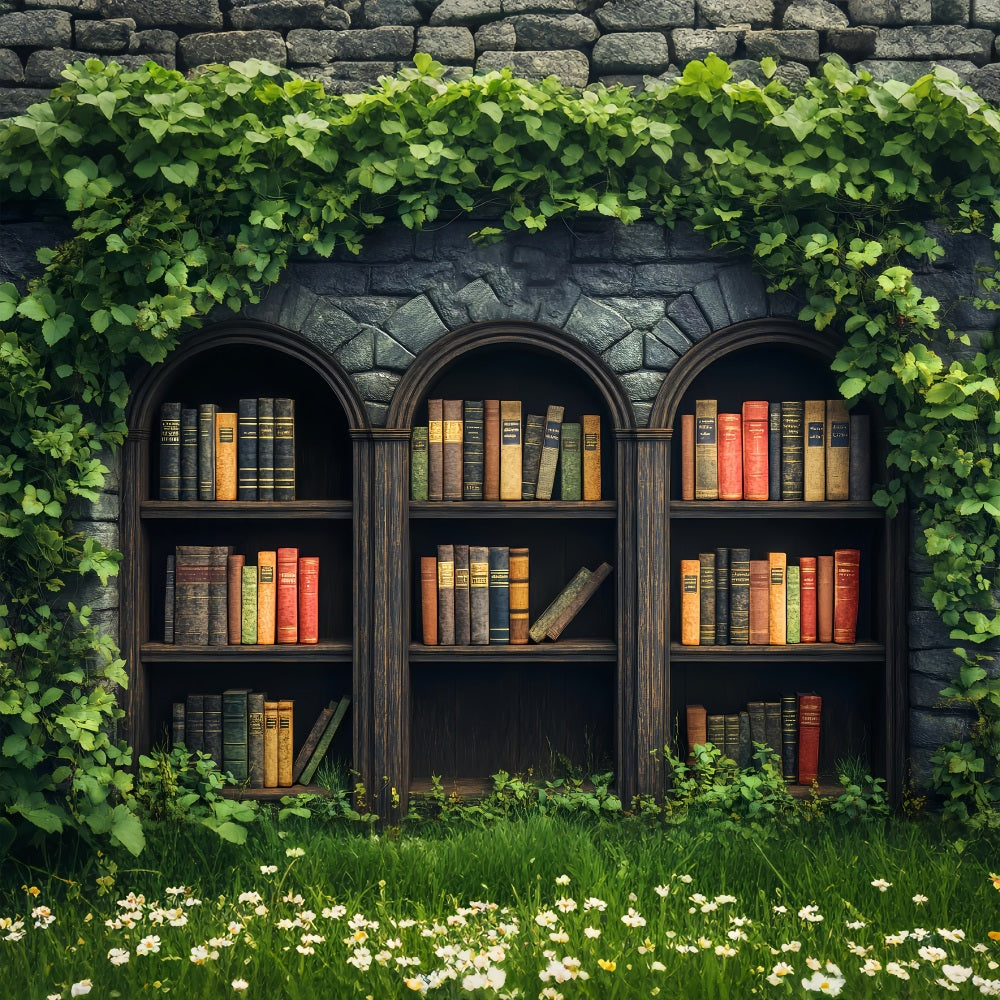 Backdrops For Spring Vintage Bookshelf Ivy Garden Backdrop BRP1-2