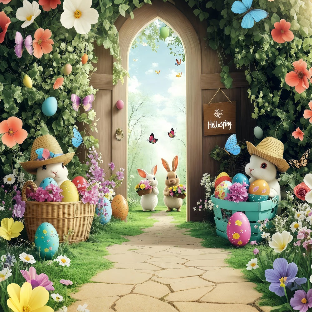 Easter Backdrops Spring Butterflies Bunny Gathering Backdrop BRP1-245