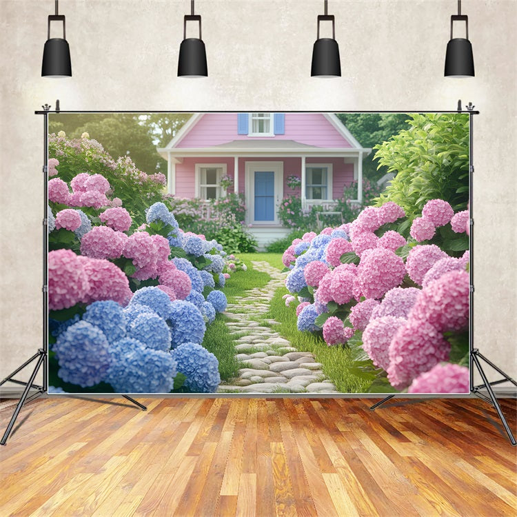 Spring Backdrop Photography Pink House Blooming Garden Backdrop BRP1-7