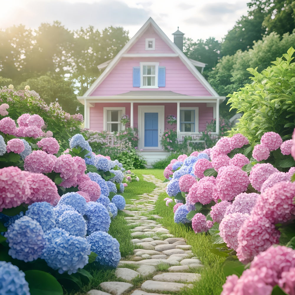 Spring Backdrop Photography Pink House Blooming Garden Backdrop BRP1-7