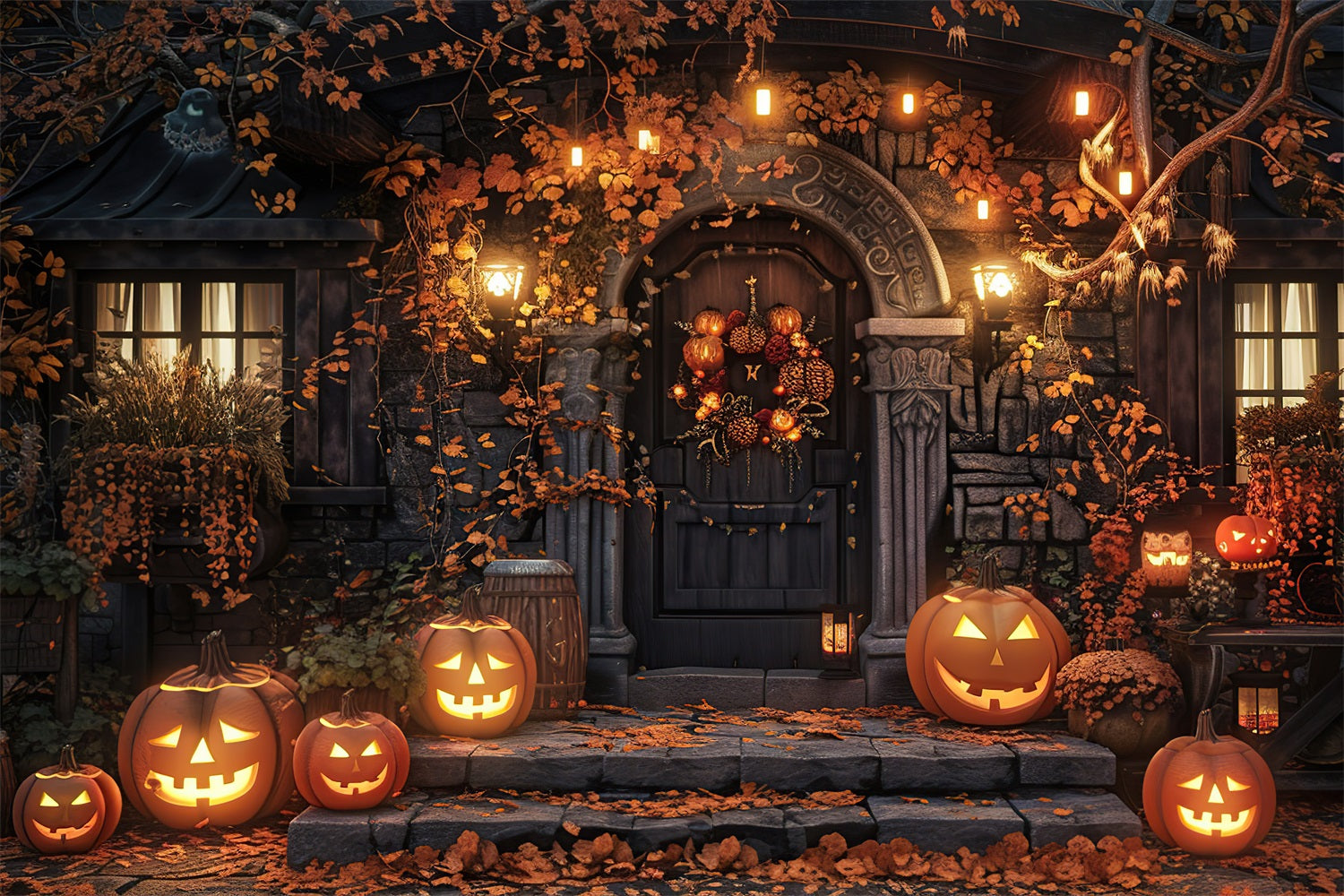 Halloween Photo Backdrops Creepy Haunted Mansion Pumpkins Backdrop BRP10-169