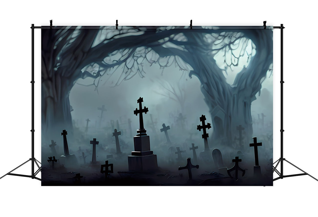 Scary Halloween Backdrops Cemetery Crosses Twisted Trees Backdrop BRP10-196