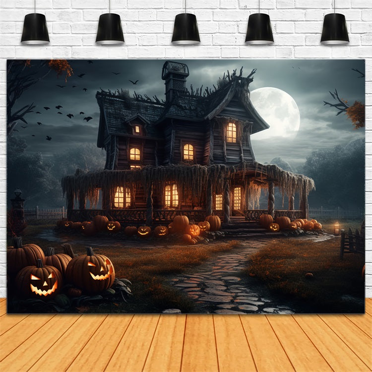 Halloween Backdrop Spooky House Pumpkins Moonlight Backdrop BRP10-202
