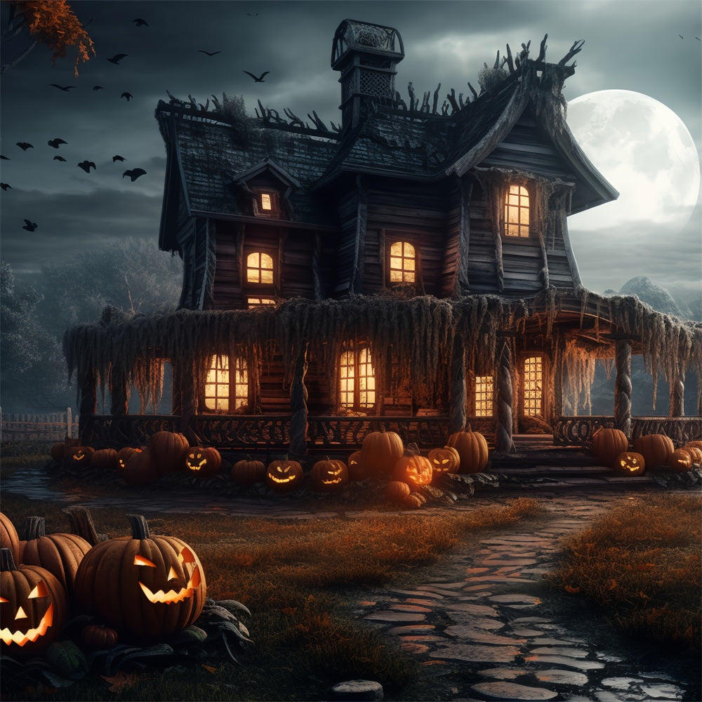 Halloween Backdrop Spooky House Pumpkins Moonlight Backdrop BRP10-202