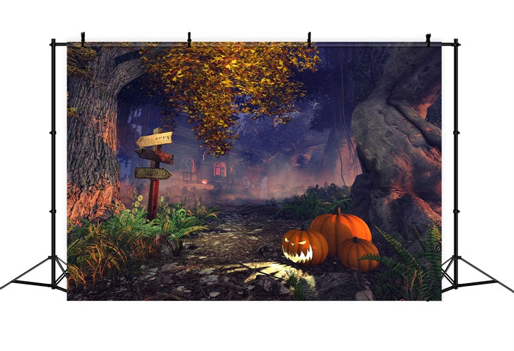 Halloween Haunted House Backdrop Foggy Forest Pumpkins Backdrop BRP10-207