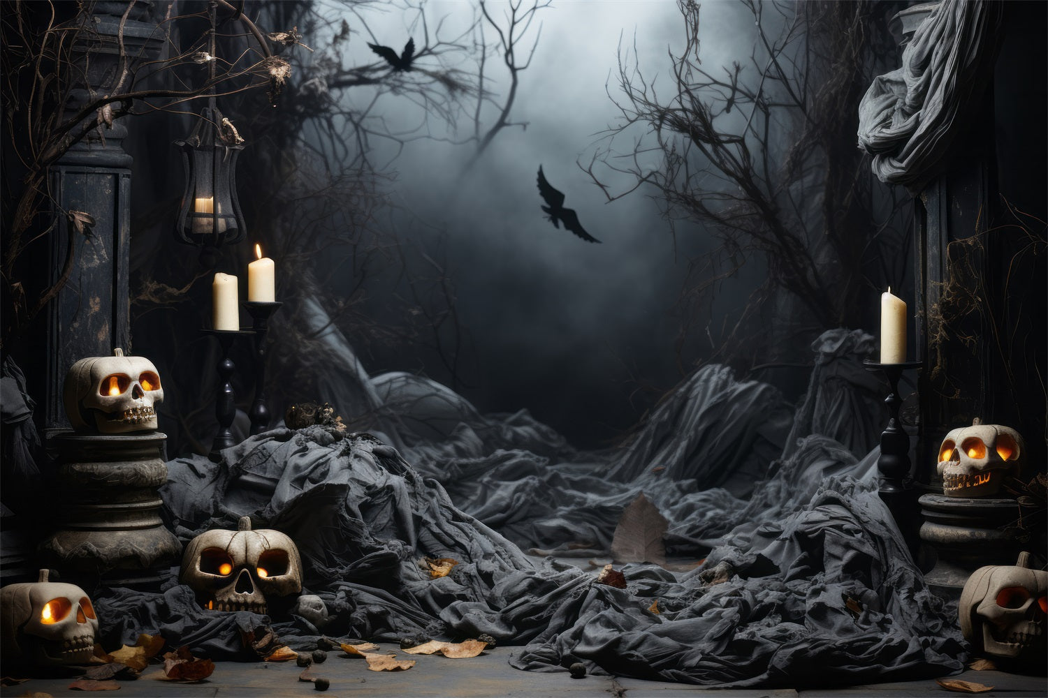 Halloween Photoshoot Backdrop Graveyard Path Lanterns Skulls Backdrop BRP10-208