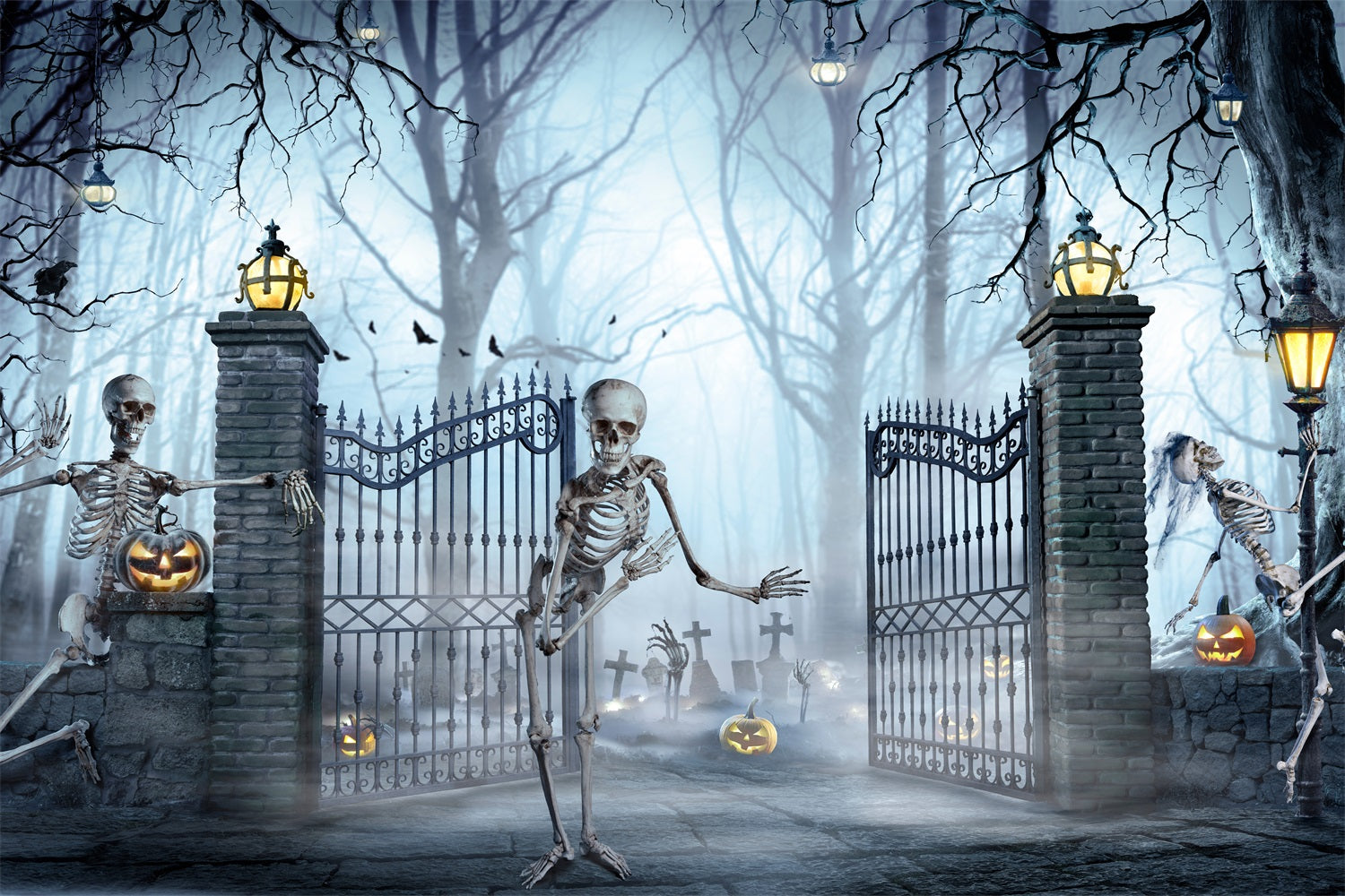 Halloween Backdrops For Sale Cemetery Gates Skeletons Backdrop BRP10-214