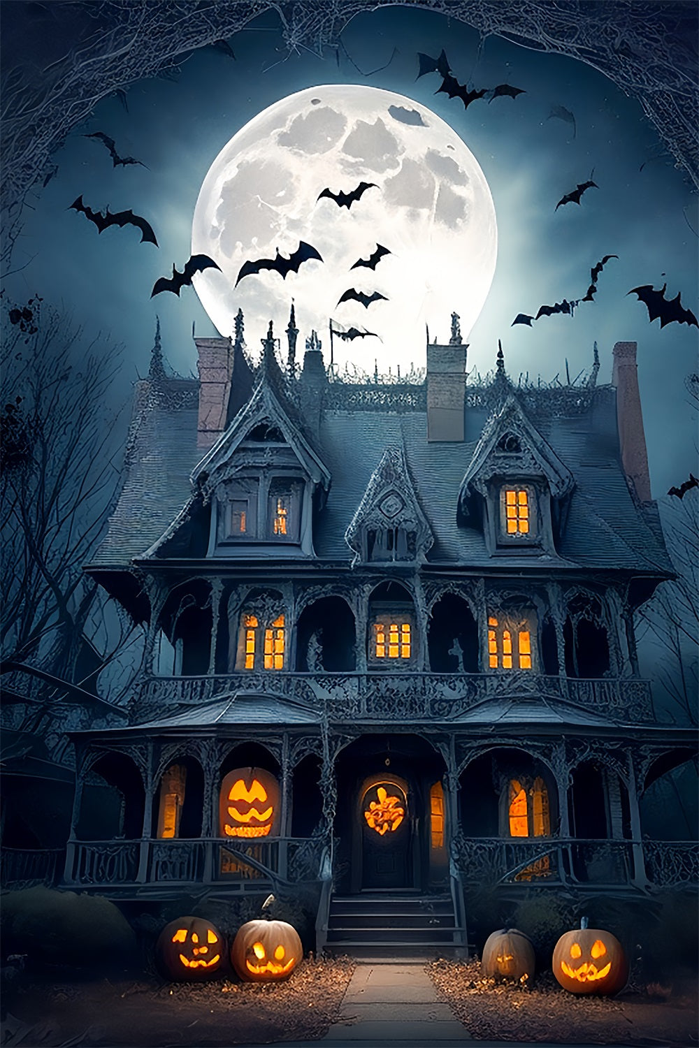 Halloween Backdrop Full Moon Gothic Mansion Bats Backdrop BRP10-222