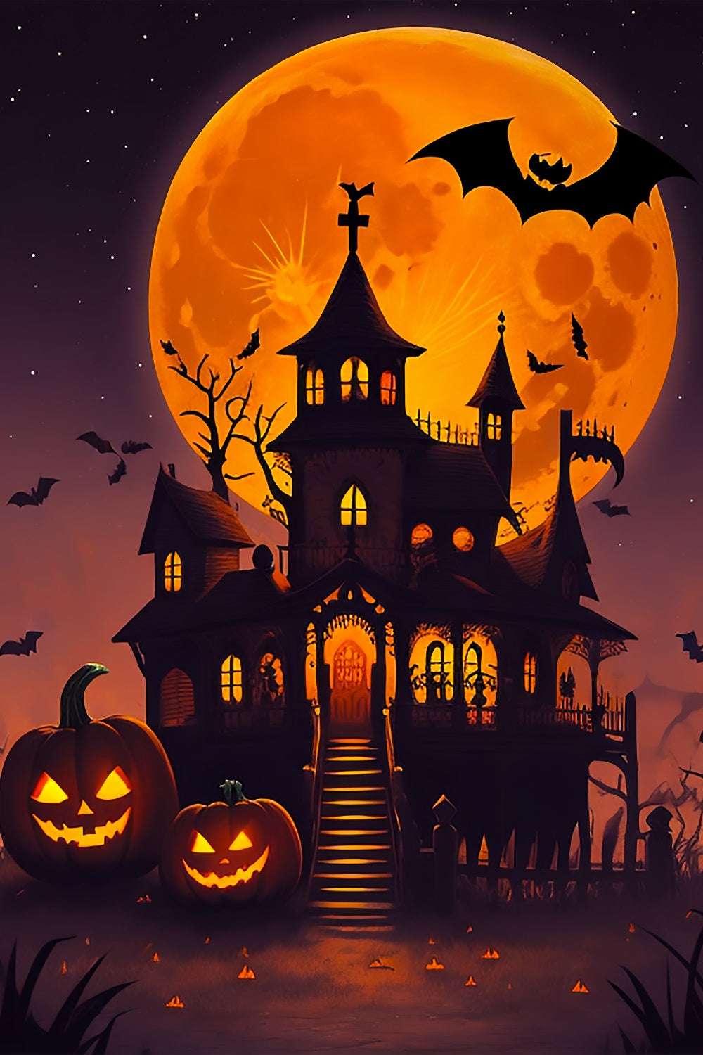 Creepy Halloween Backdrop Orange Moon Haunted House Backdrop BRP10-225