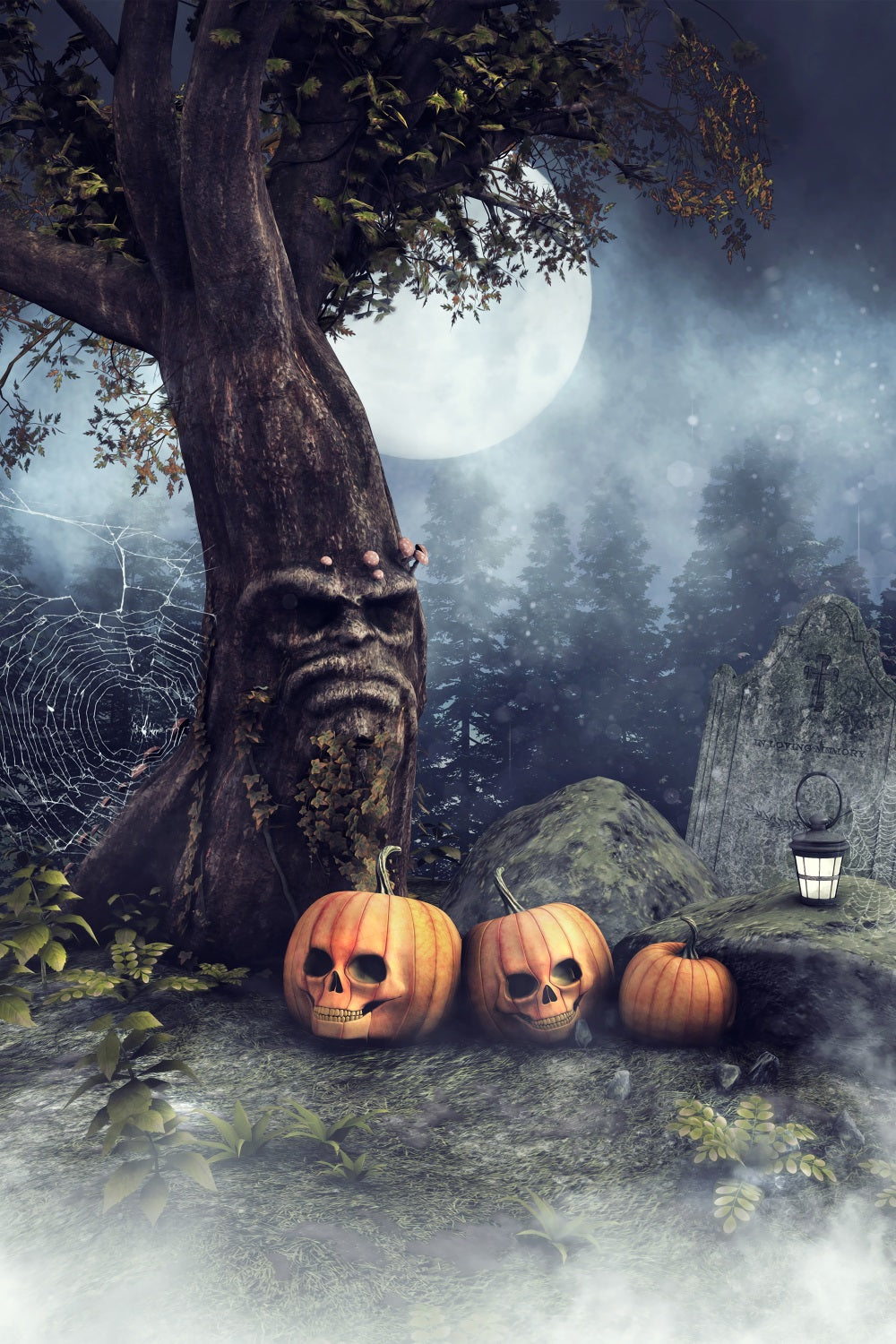 Halloween Graveyard Backdrop Tree Skull Pumpkins Backdrop BRP10-227