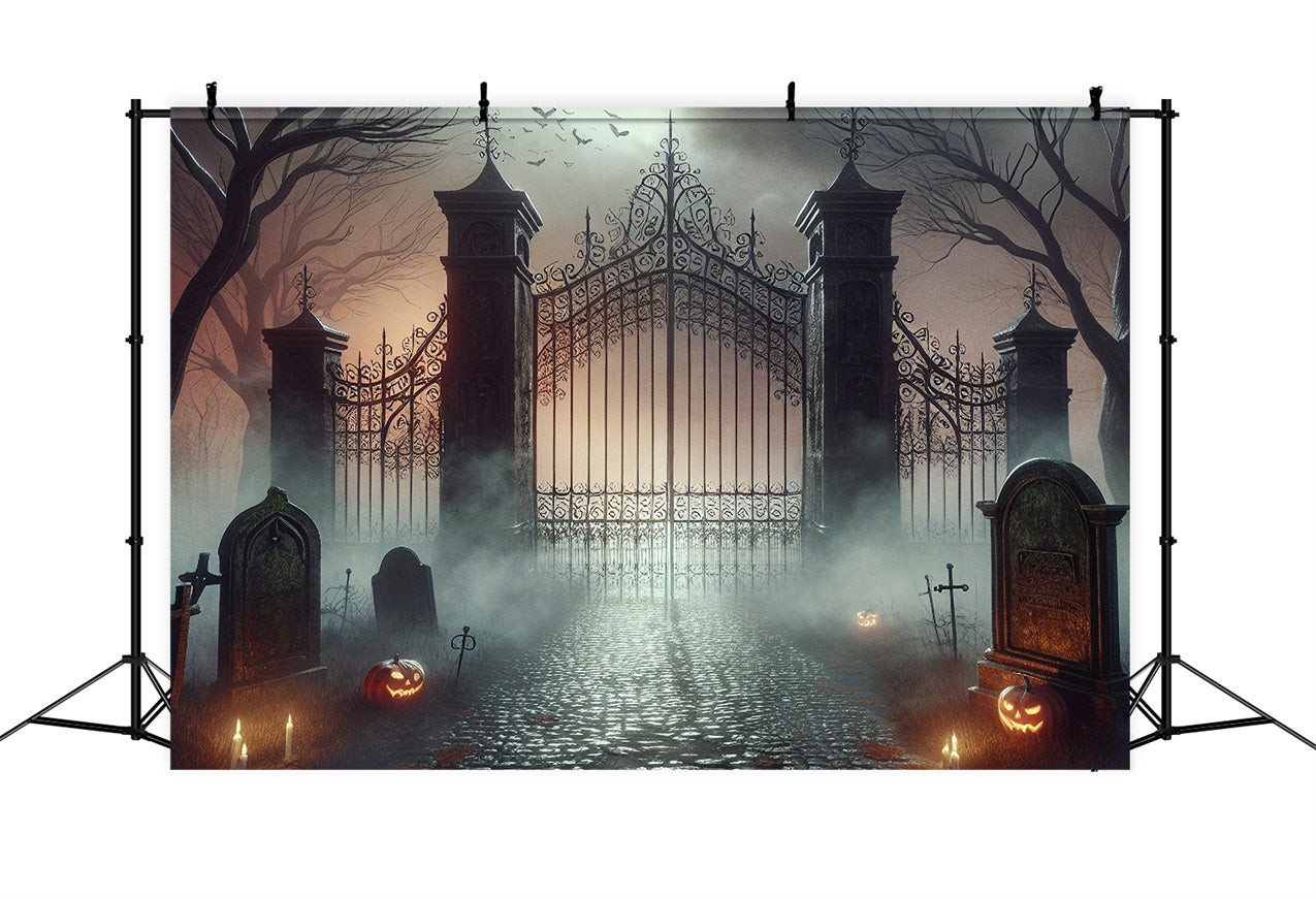 Halloween Photo Backdrop Foggy Cemetery Haunted Gate Backdrop BRP10-233