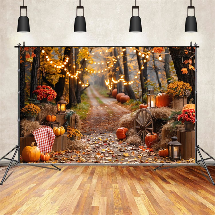 Autumn Photo Backdrop Haystack Pumpkins Trail Lights Backdrop BRP10-257