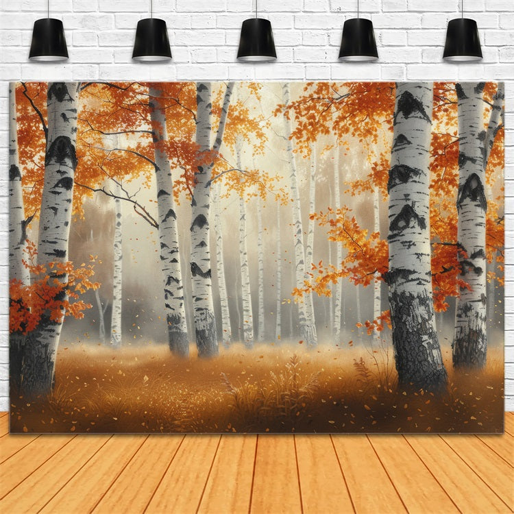 Autumn Photography Backdrop Morning Mist Birch Forest Backdrop BRP10-262