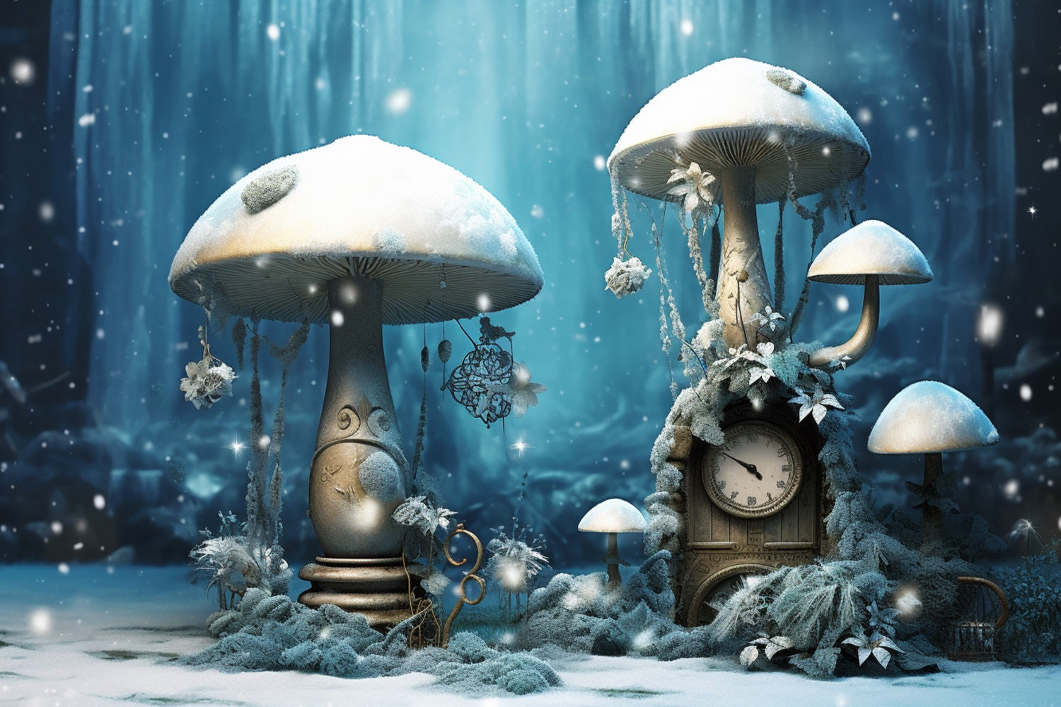Winter Snowy Mushrooms Vintage Clock Forest Backdrop BRP10-30