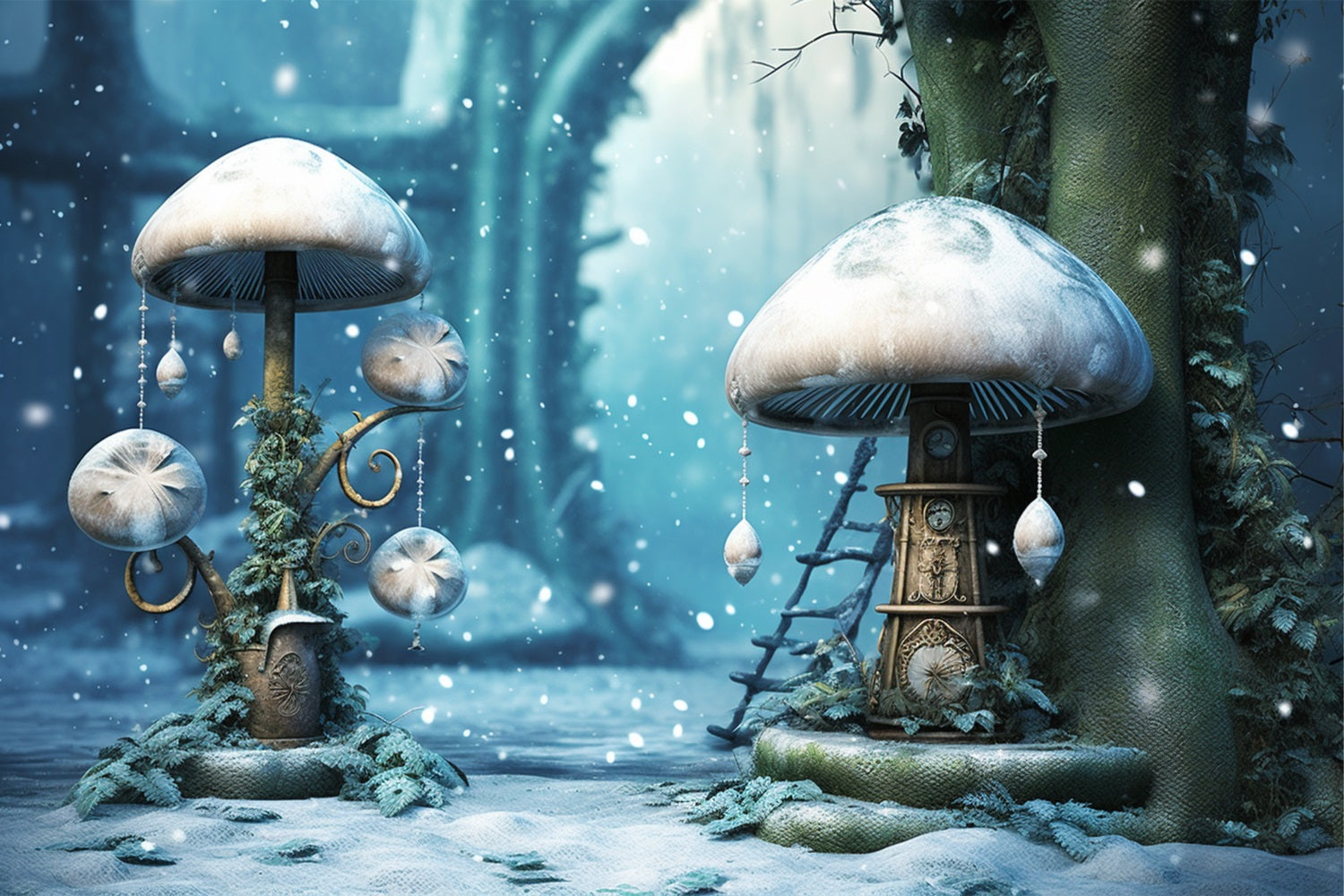 Winter Mystical Forest Frosted Mushroom Backdrop BRP10-31