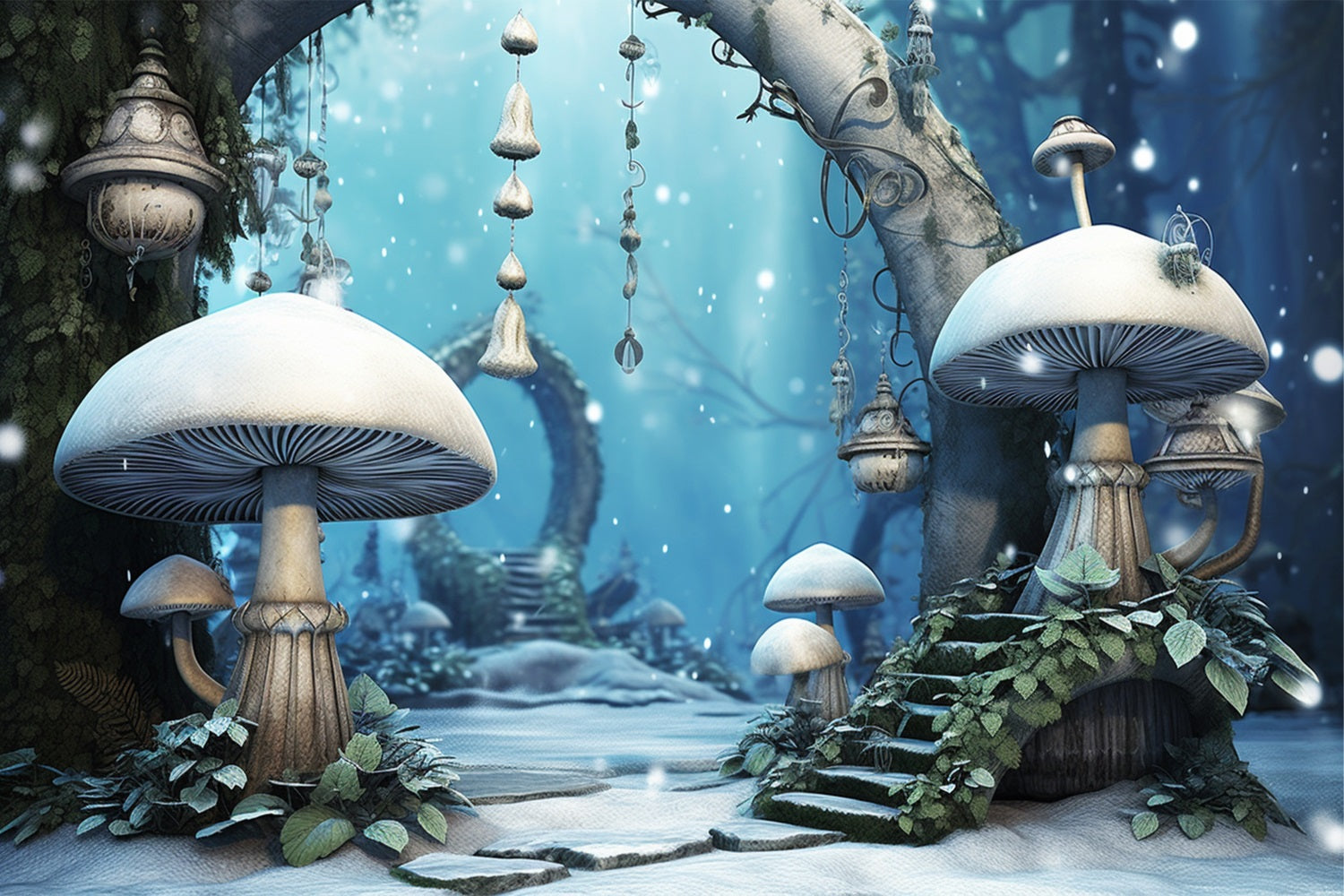 Winter Magic Woodland Mushrooms Lanterns Backdrop BRP10-33