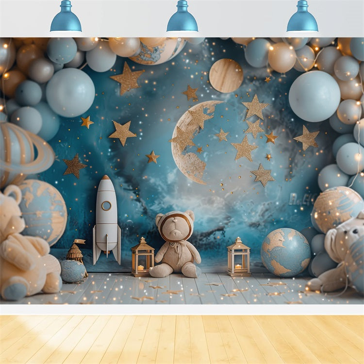 Birthday Background Decoration Space Teddy Rocket Balloon Backdrop BRP10-332