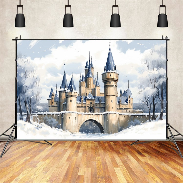 Winter Enchanted Castle Frosty Bridge Scenery Backdrop BRP10-36