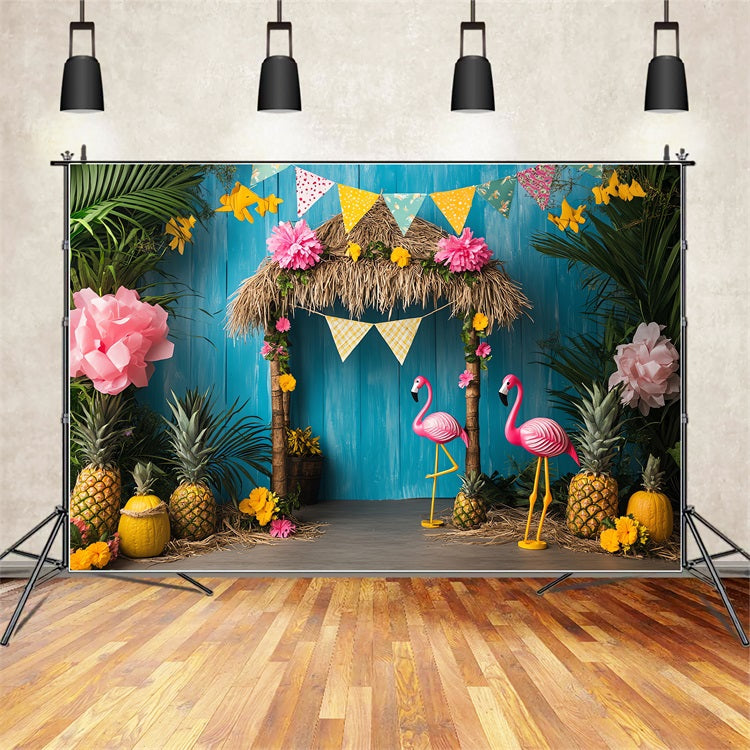 Birthday Backdrop Tiki Hut Flamingos Backdrop BRP10-399
