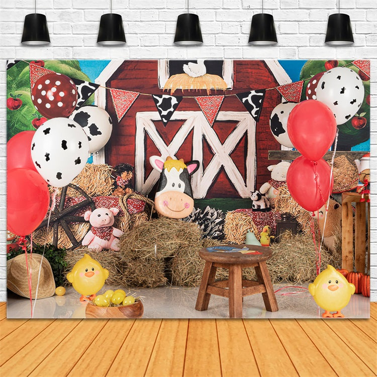 Birthday Photography Backdrops Cow Balloons Barnyard Animals Backdrop BRP10-401