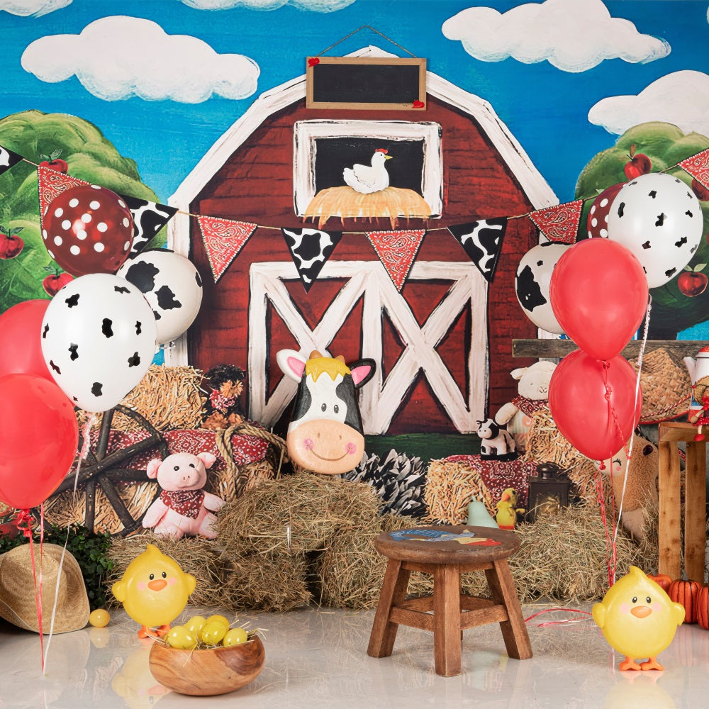 Birthday Photography Backdrops Cow Balloons Barnyard Animals Backdrop BRP10-401
