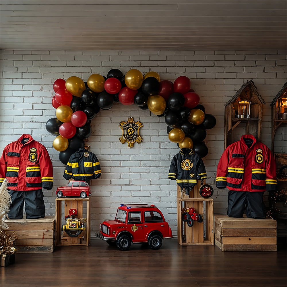 Birthday Party Background Fireman Uniforms Balloons Truck Backdrop BRP10-403