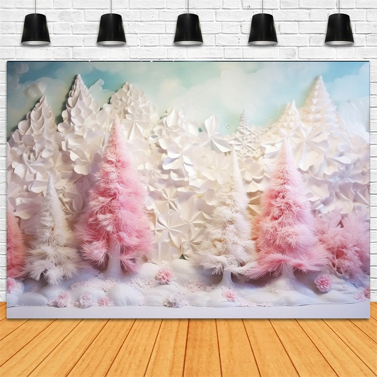 Winter Photo Backdrop Snowy Pink Trees Clouds Backdrop BRP11-254